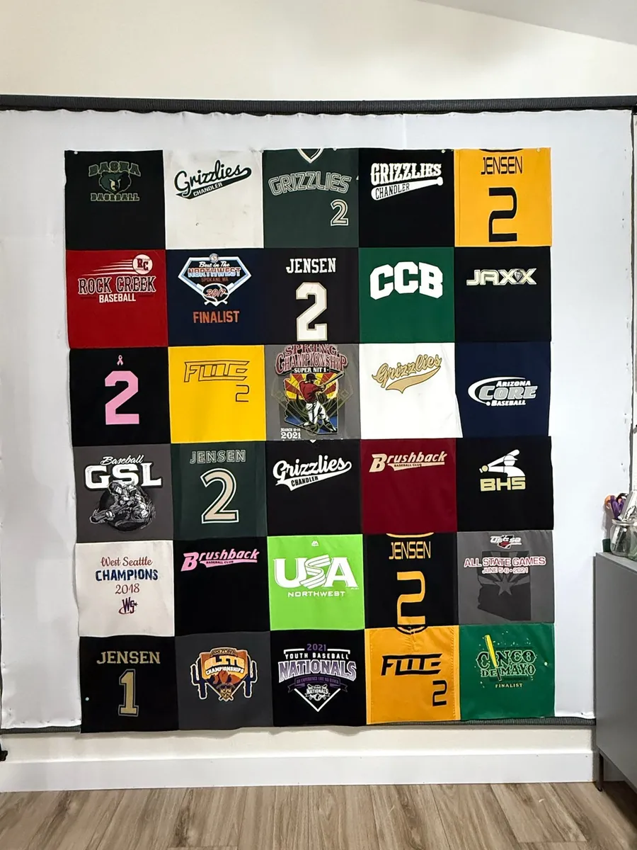 A T-shirt quilt made from youth sports shirts