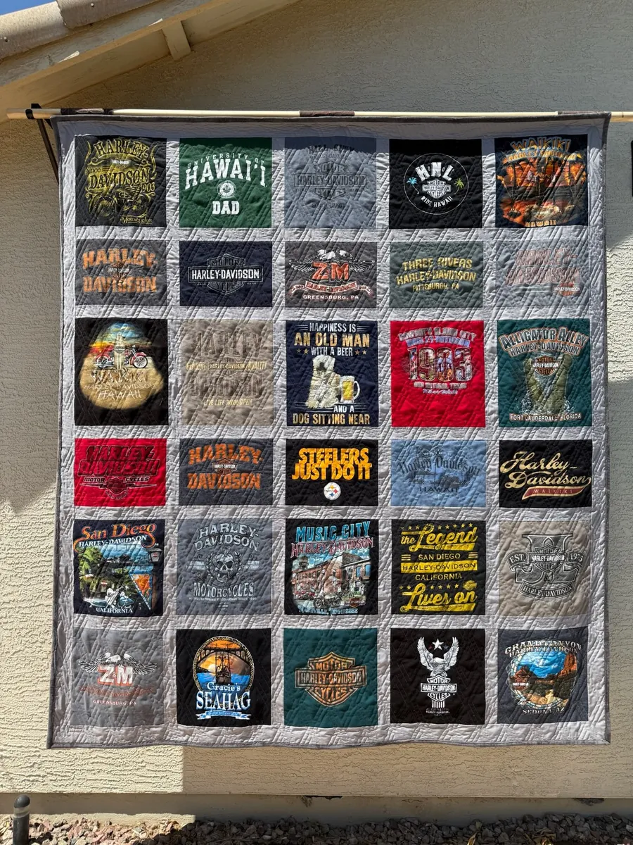 A T-shirt quilt made from Harley-Davidson and travel shirts