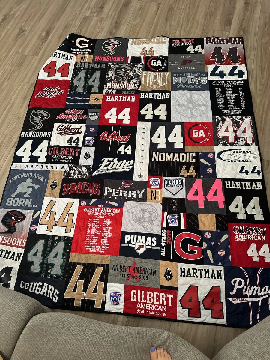 A T-shirt quilt made from a high school athlete's number 44 shirts