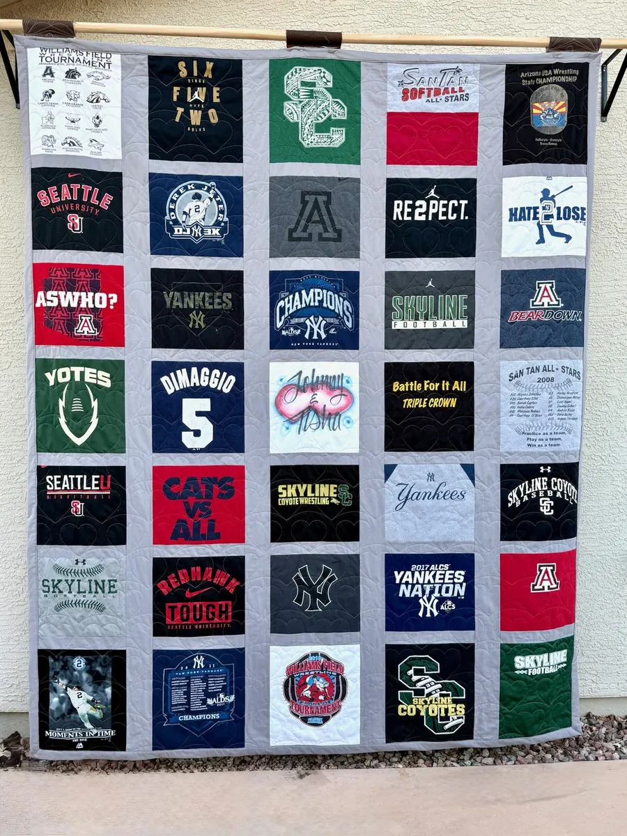 A T-shirt memory quilt made as an anniversary gift