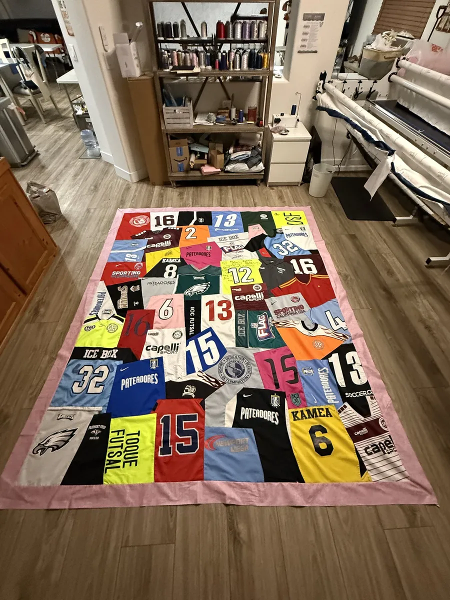 The jersey memory quilt laid out in my studio